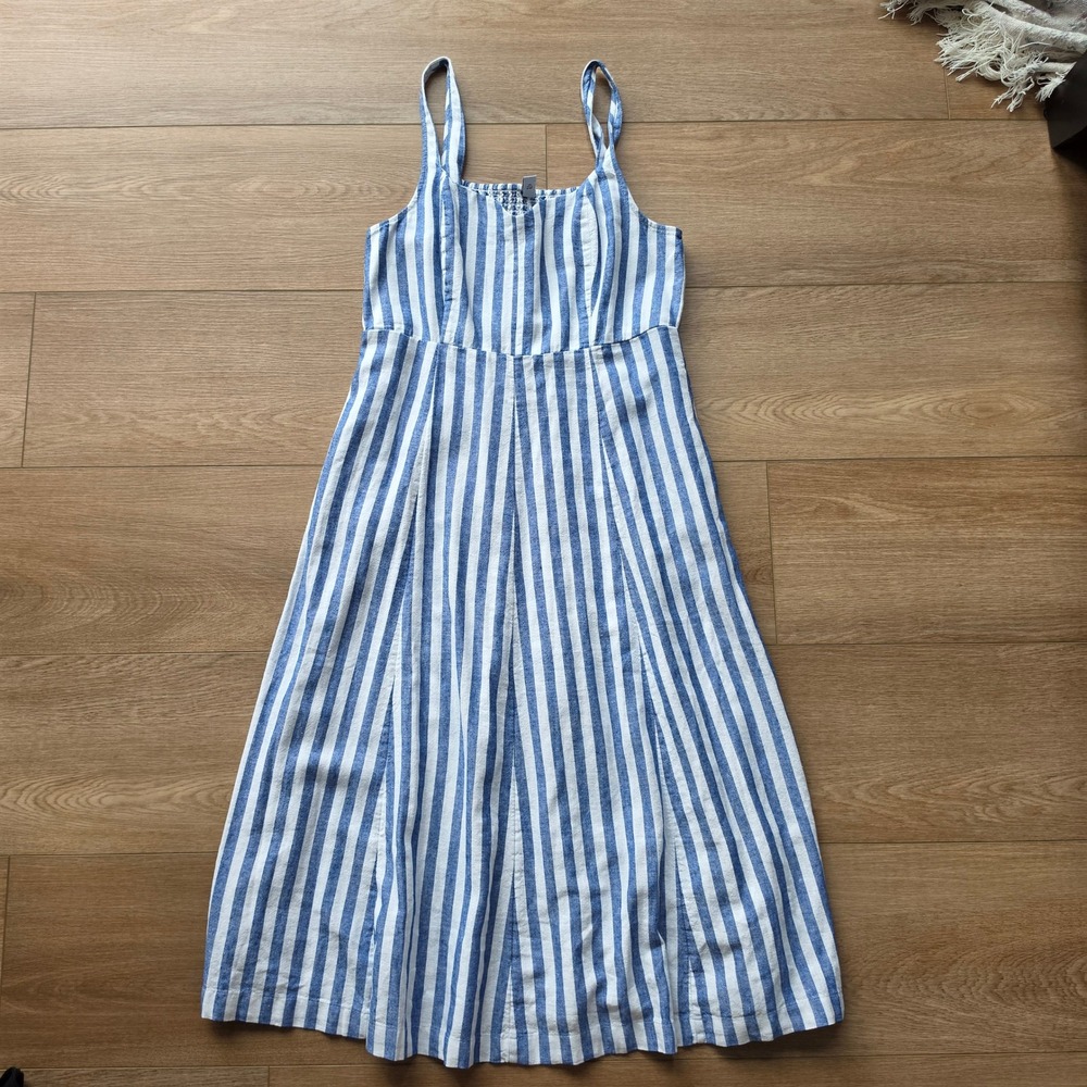 Old Navy Blue White Striped Linen Blend Midi Dress Large